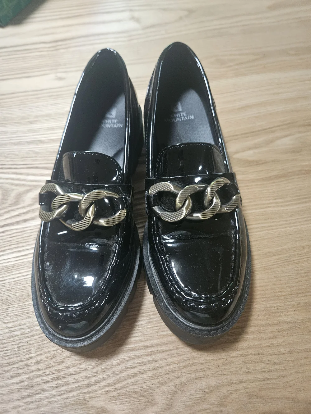 White Mountain Black Patent Loafers with Gold Chain Detail